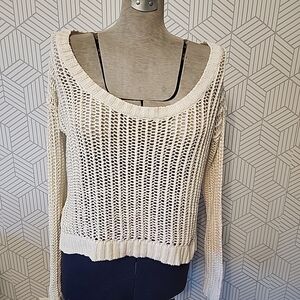 ROXY Sweater Women's Size Large Cream Open Knit Pullover Boxy Cropped Scoop Neck